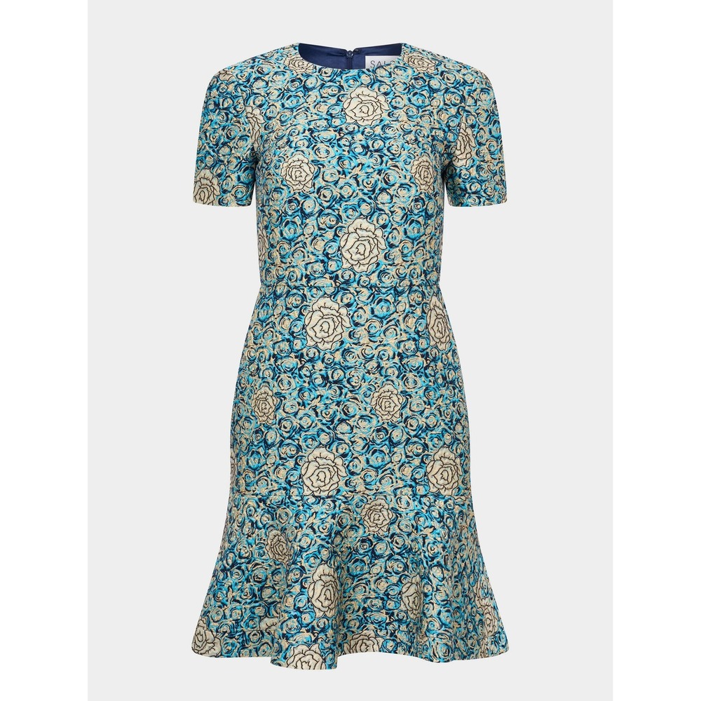 Saloni Min D Dress Women Callaina Blue Gold Floral Brocadeโ Size 2